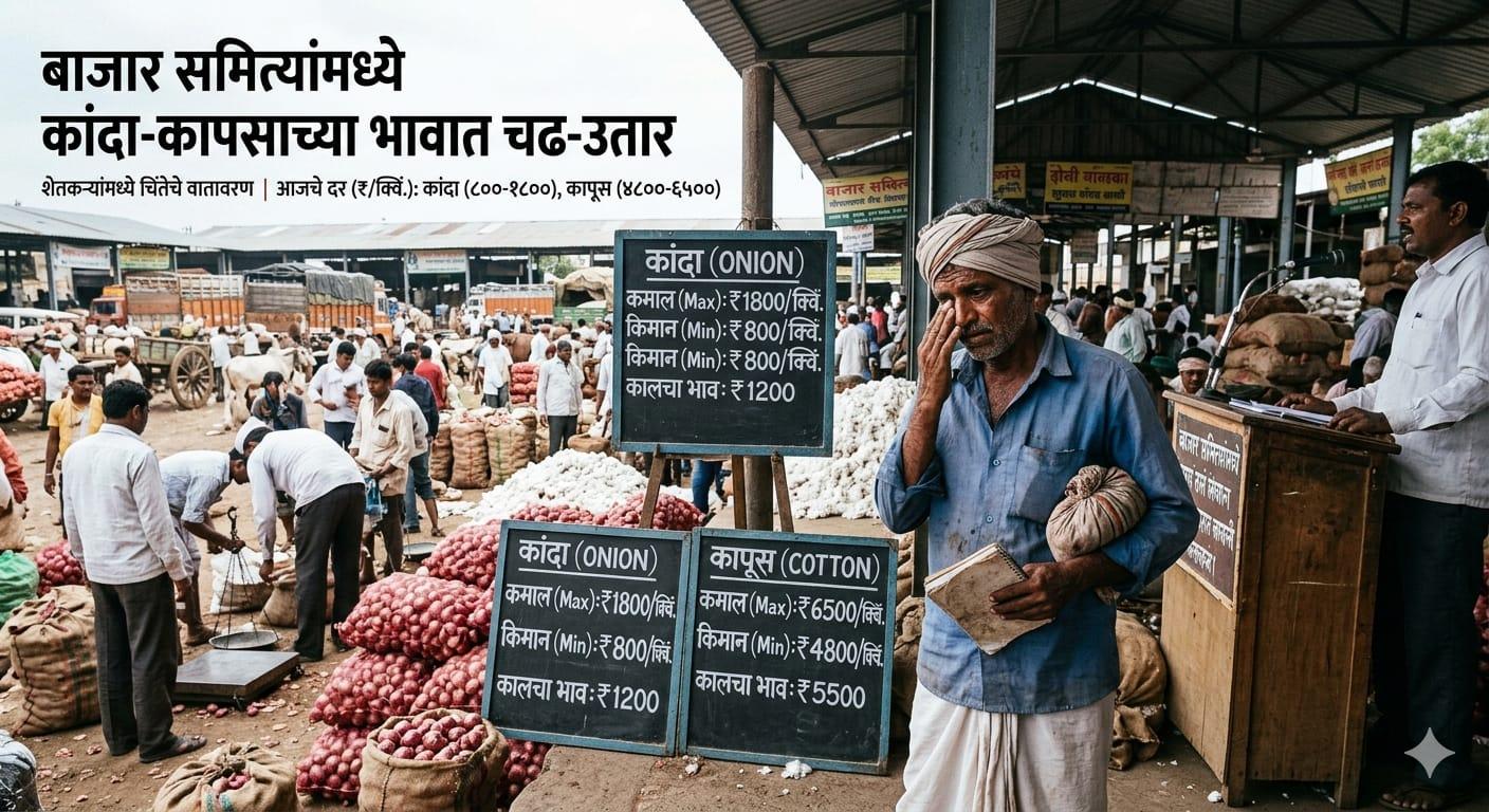 ​Farmer : बाजार समित्यांमध्ये कांदा आणि कापसाच्या भावात चढ-उतारमुळे शेतकरी चिंतेत
