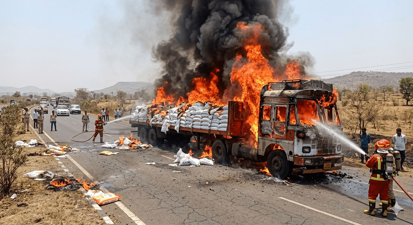 Moving Truck Loaded with Rice Sacks Catches Fire and Burnt to Ashes