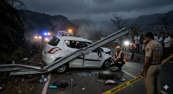 Horrific Accident in Pune's Mulshi: Iron Barrier Pierces Through Car at Dhanvewadi, One Dead
