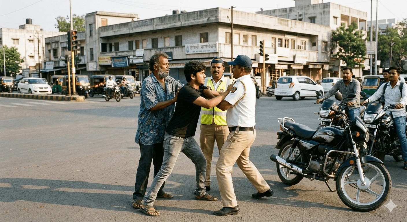 Chhatrapati Sambhajinagar Shocker: Father-Son Duo Assault Traffic Cop After Jumping Signal; Taunt Police by Waving Cash
