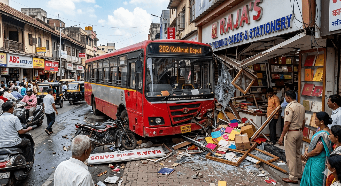 Horror in Pune: Out-of-Control PMPML Bus Rams into Wedding Card Shop at Appa Balwant Chowk After Brake Failure