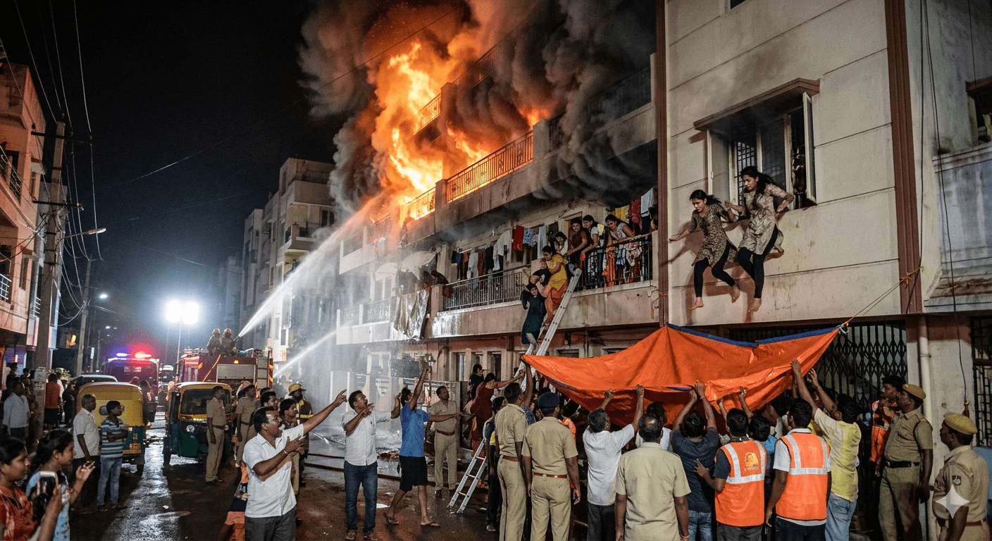 Bangalore Terror: Fire Breaks Out at Ladies PG in Nandini Layout; 50 Girls Make Miraculous Escape by Jumping from Building