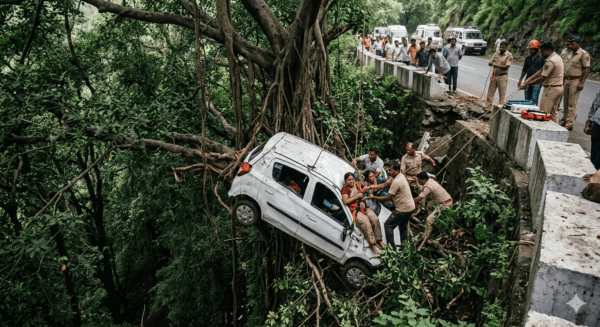 Miraculous Escape in Kannada Ghat: Car Plunges into Gorge, 4 Passengers Saved as Vehicle Gets Stuck in Trees
