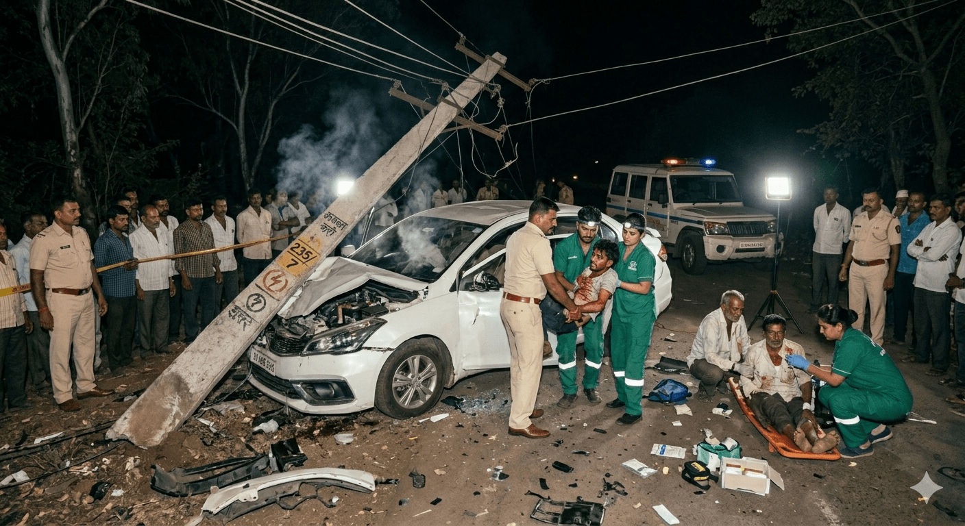 High-Speed Car Rams into Electric Pole on Kalmeshwar-Mohpa Road