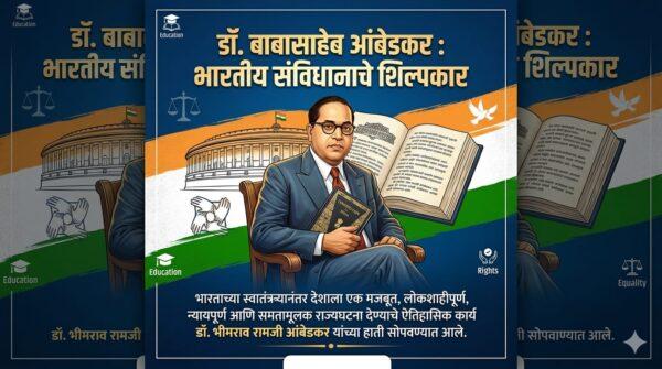 डॉ. बाबासाहेब आंबेडकर : भारतीय संविधानाचे शिल्पकार
भारताच्या स्वातंत्र्यानंतर देशाला एक मजबूत, लोकशाहीपूर्ण, न्यायपूर्ण आणि समतामूलक राज्यघटना देण्याचे ऐतिहासिक कार्य डॉ. भीमराव रामजी आंबेडकर यांच्या हाती सोपवण्यात आले.