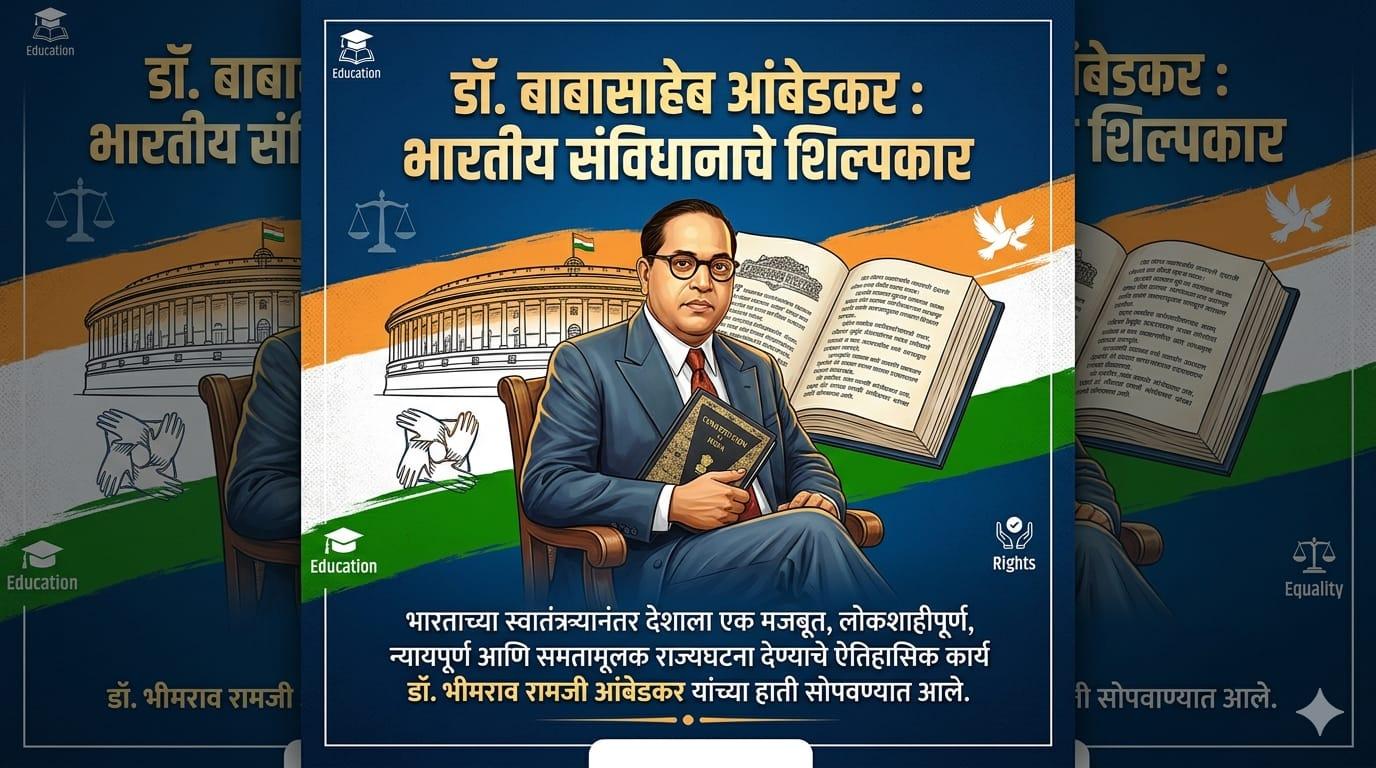 डॉ. बाबासाहेब आंबेडकर : भारतीय संविधानाचे शिल्पकार भारताच्या स्वातंत्र्यानंतर देशाला एक मजबूत, लोकशाहीपूर्ण, न्यायपूर्ण आणि समतामूलक राज्यघटना देण्याचे ऐतिहासिक कार्य डॉ. भीमराव रामजी आंबेडकर यांच्या हाती सोपवण्यात आले.