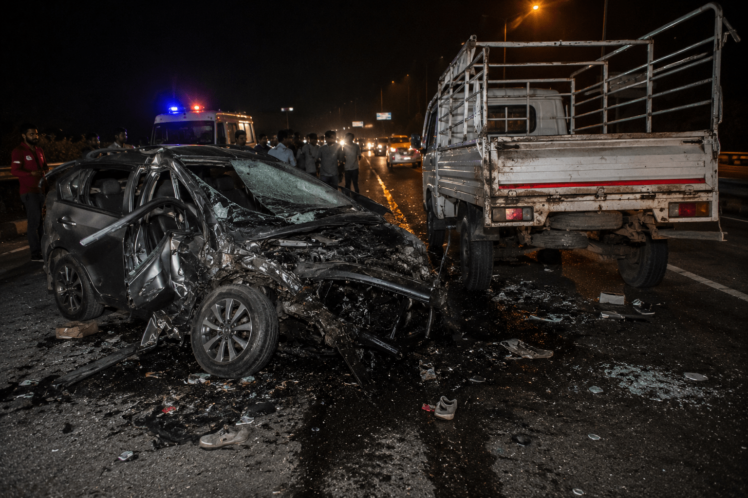 Speeding Car Collides with Pickup; 8 Seriously Injured, Vehicle Smashed to Pieces.