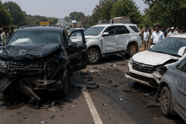 Collision in Nanded: Four Vehicles in MP Shrikant Shinde’s Convoy Crash While Avoiding Bike; No Injuries Reported.
