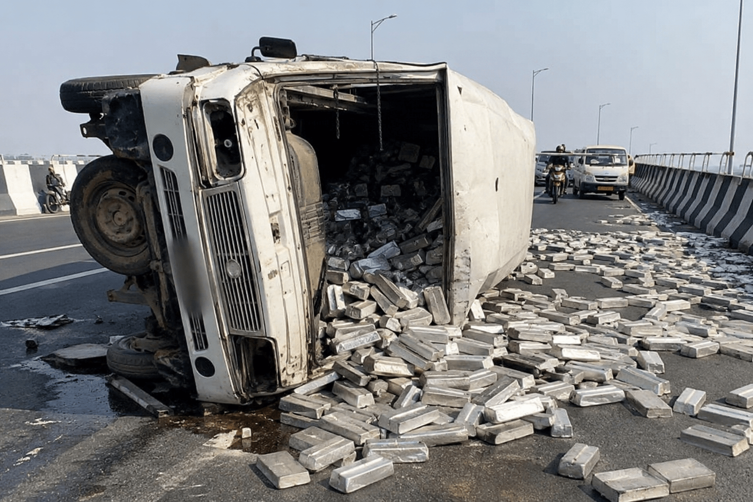 Massive Accident in Palghar: Van Carrying Silver Bricks Overturns on Charoti Flyover.
