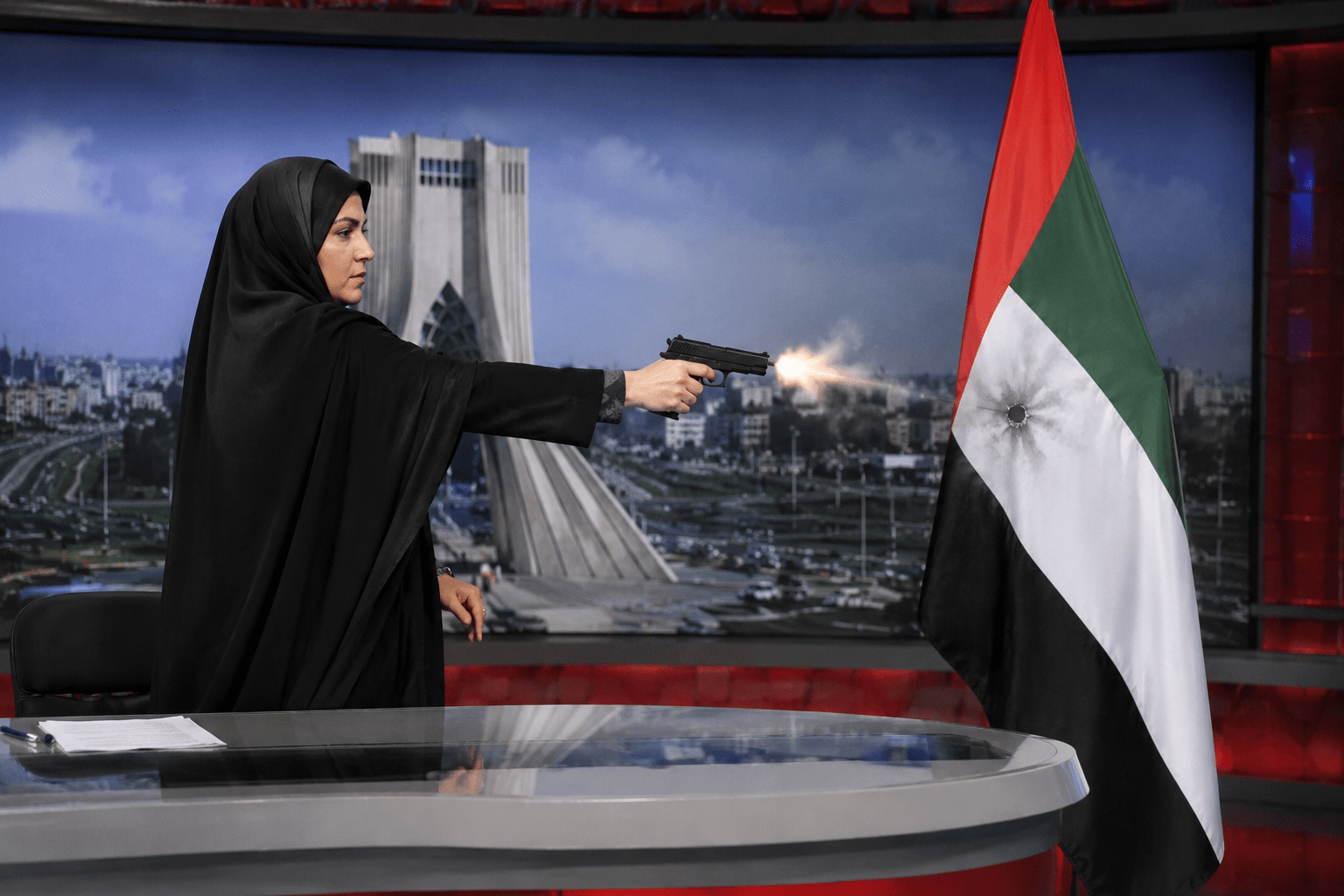 International Outrage! Iranian TV Anchor Fires AK-47 Rifle at UAE Flag on Live Broadcast!