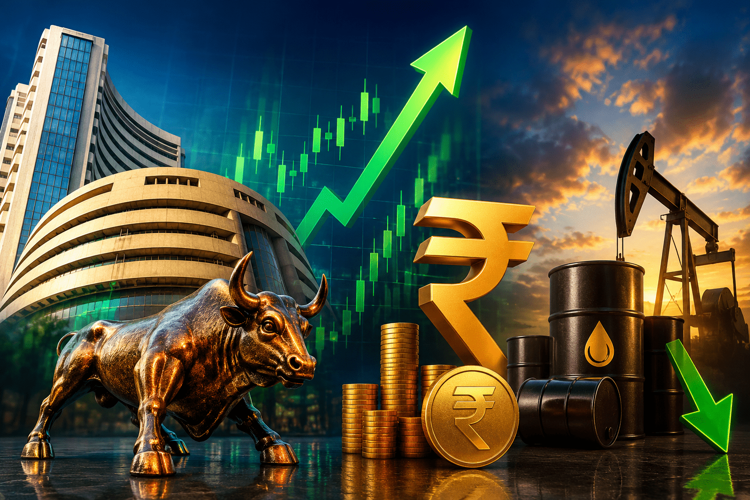 Sensex Jumps 900+ Points Nifty Soars as Rupee Rises 25 Paise on Crude Oil Relief!