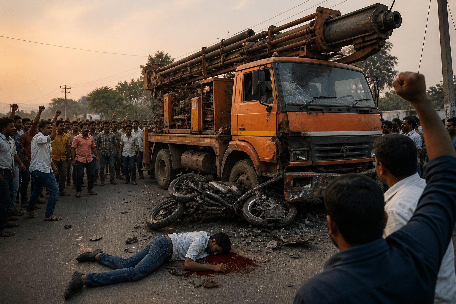 Speeding Borewell Truck Crushes Motorcyclist to Death; Angry Mob Goes on Rampage