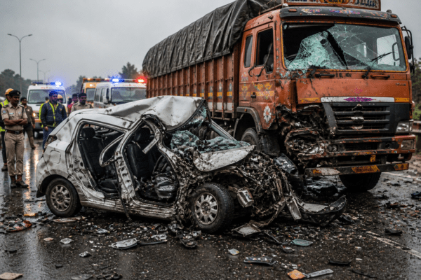 6 Killed in Tragic Collision Between Speeding Car and Lorry at Shamshabad