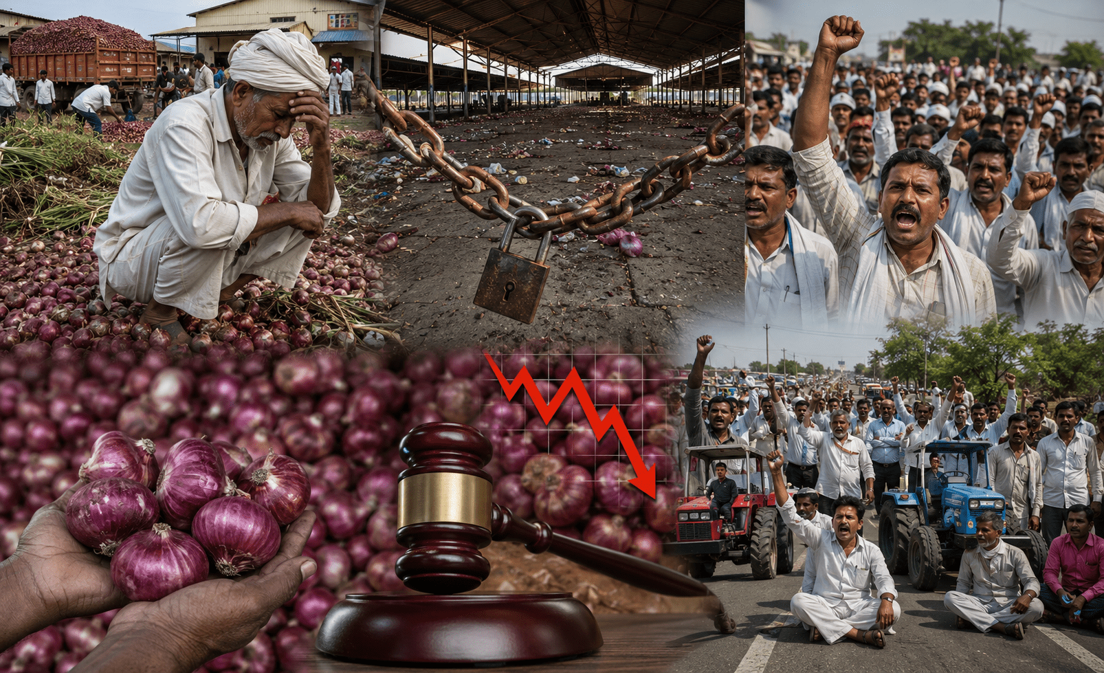 English: Onion Price Crash: Auctions Halted in Alephata, Farmers Call for 'Rasta Roko' on June 2.