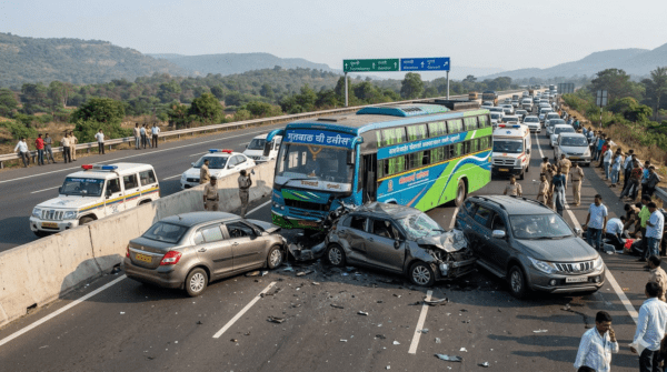Tragedy on Mumbai-Pune Expressway: 3 Dead, 4 Injured as Speeding Bus Rams Multiple Vehicles in the 'Missing Link' Zone
