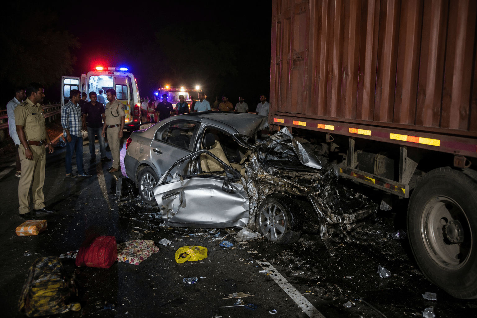 Two Dead, Six Injured as Car Returning from Wedding Rams into Parked Container.