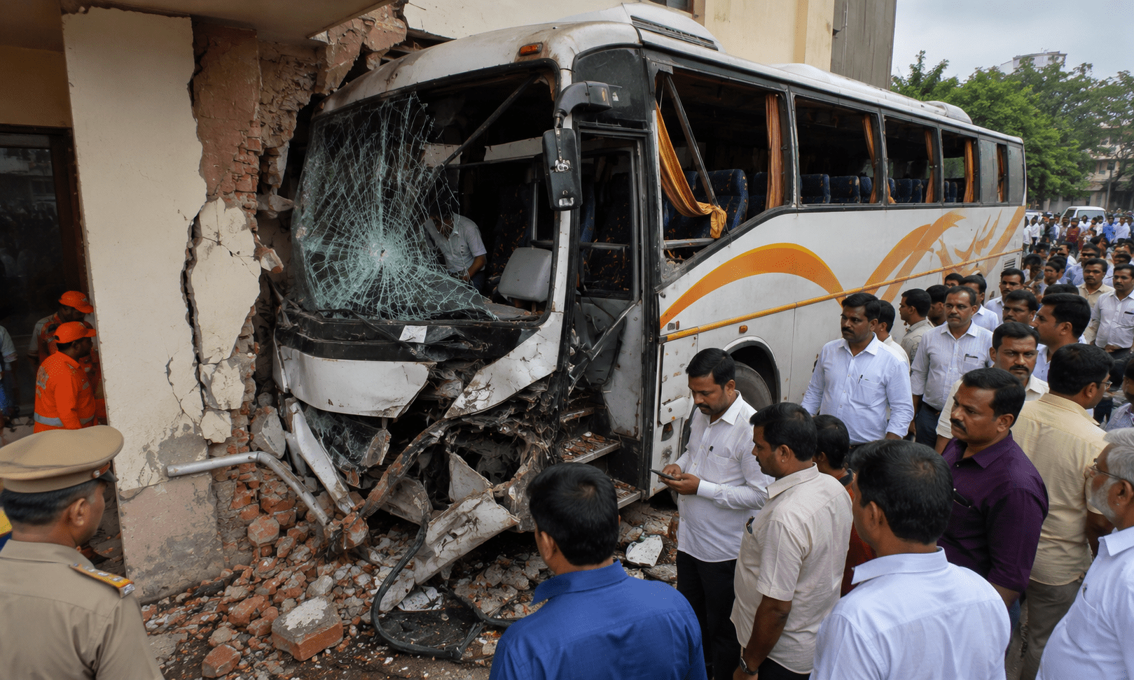Political Tour Turns Scary: Bus Carrying BJP Corporators Crashes into Hotel Wall in Nashik!