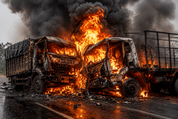 Horrific Head-On Collision in Odisha: Two Trucks Erupt in Flames; Both Drivers Charred to Death! 
