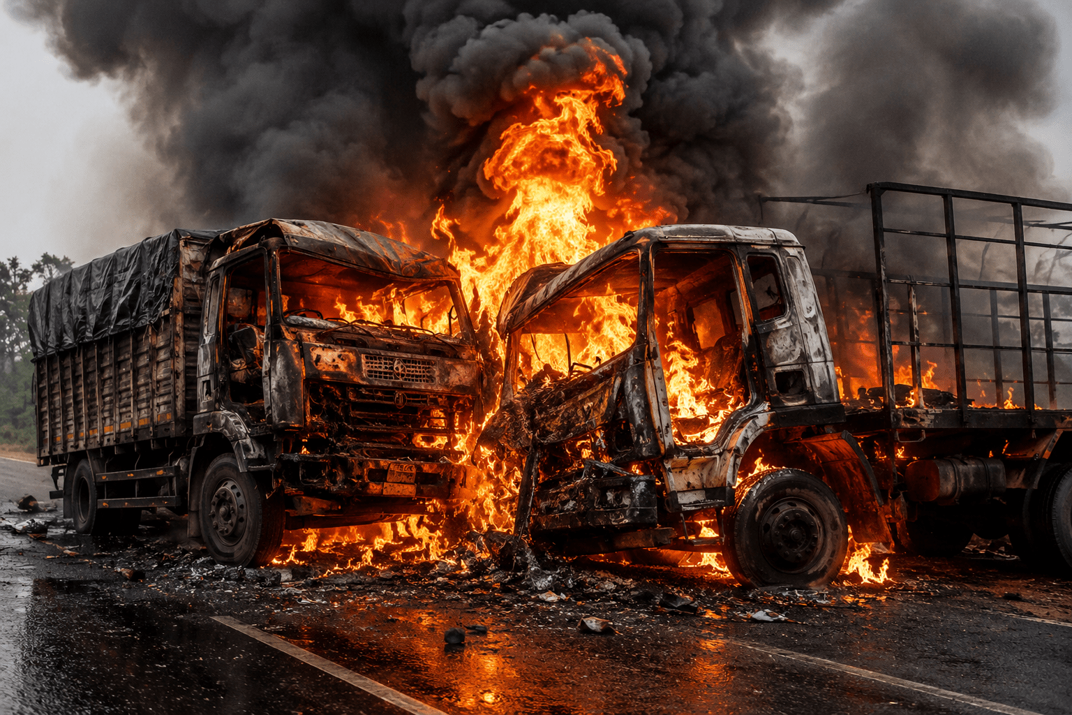 Two Trucks Erupt in Flames; Both Drivers Charred to Death!