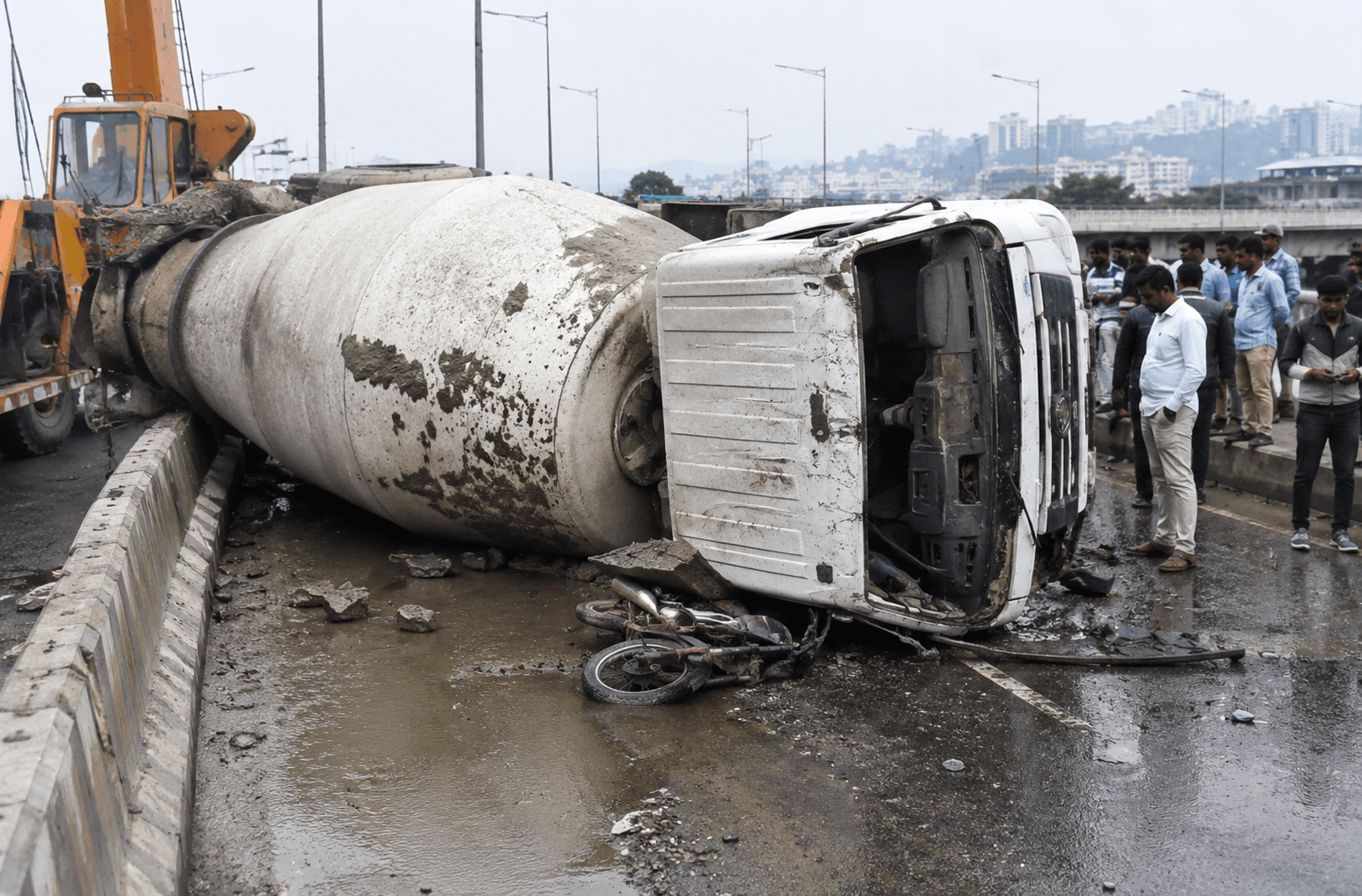 Speeding Cement Tanker Overturns, Crushing Biker to Death.