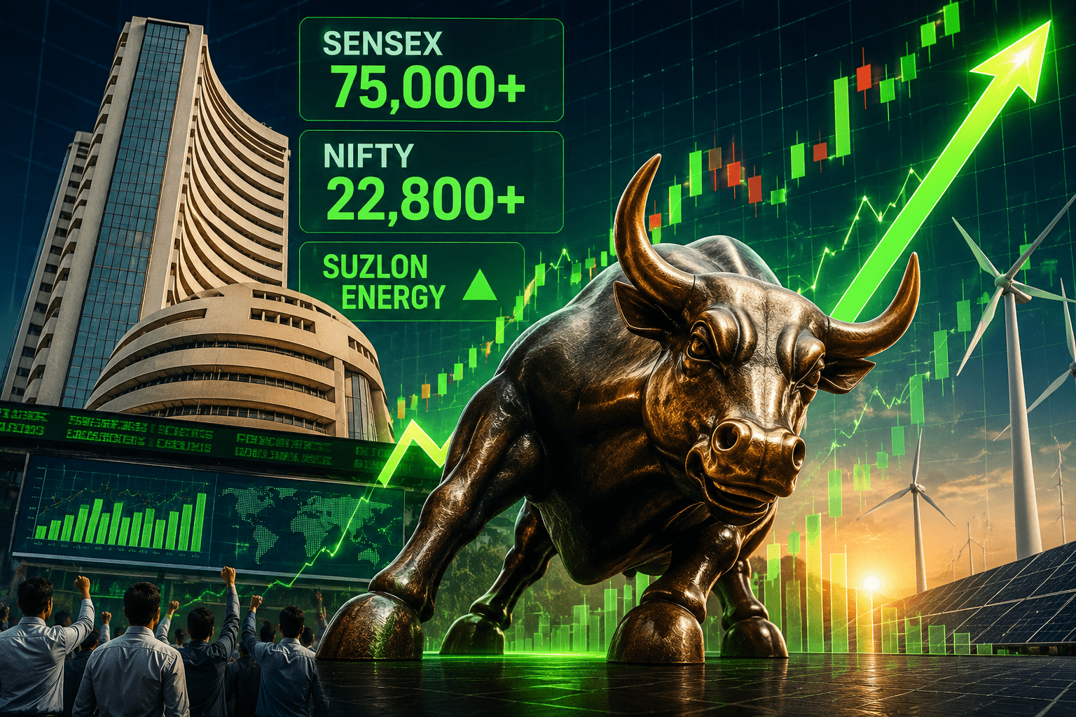 Market Bull Run! Sensex Smashes Past 75,000 as Nifty Soars; Suzlon Energy Grabs LimeLight Amid Positive Global Cues!