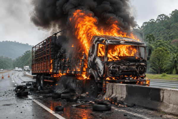 Truck Carrying Tires Catches Fire on Kolhapur-Ratnagiri Highway; Loss of Rs 20 Lakhs.