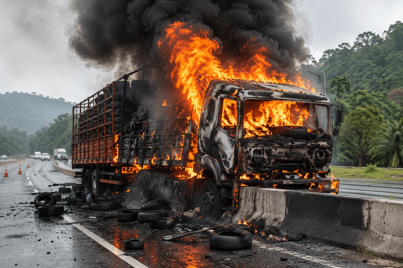 Truck Carrying Tires Catches Fire on Kolhapur-Ratnagiri Highway; Loss of Rs 20 Lakhs.
