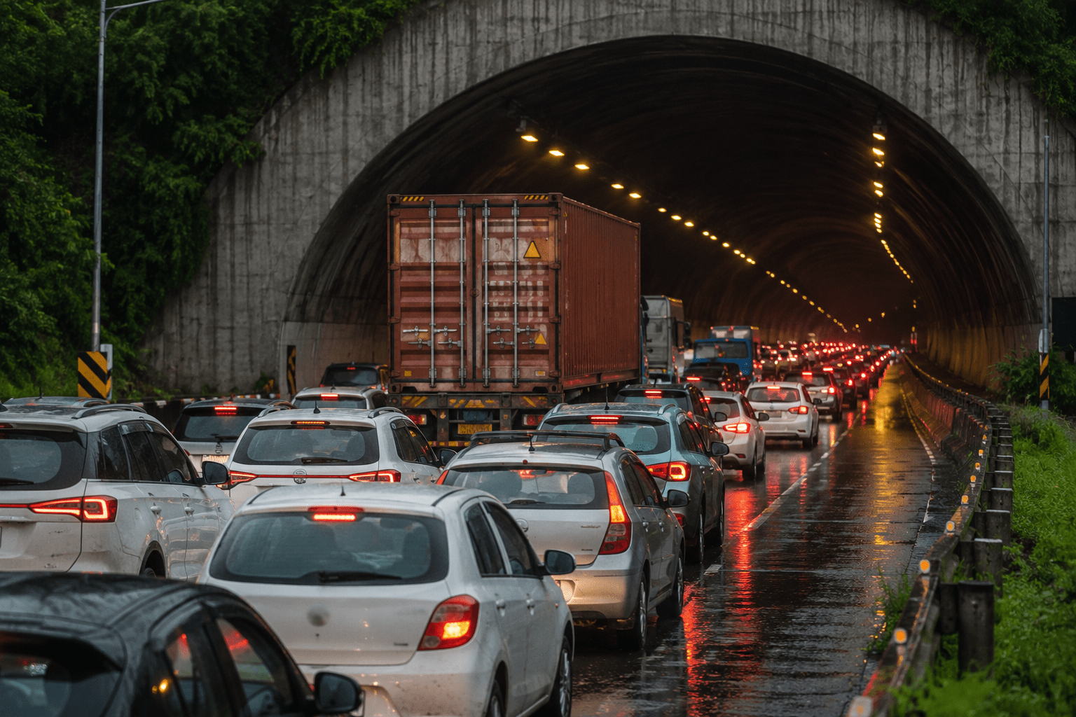 Massive Traffic Jam on Pune-Satara Highway: Container Breakdown Inside New Katraj Tunnel Causes 5km-Long Queue.