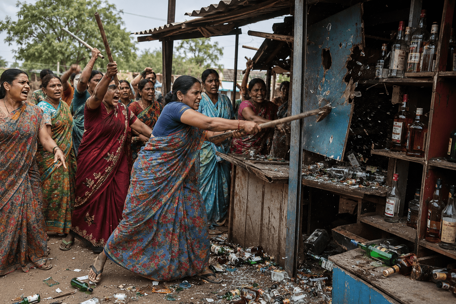 Women's Fury in Latur: Angry Villagers Ransack Illegal Liquor Den on Highway in Shirur Anantpal.