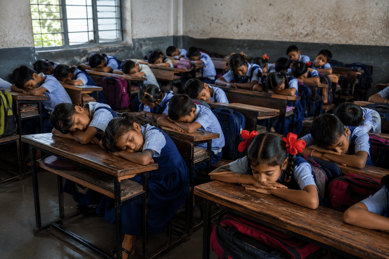 Municipal Schools Defy Rules: Morning Classes Leave Young Students Napping on Benches!