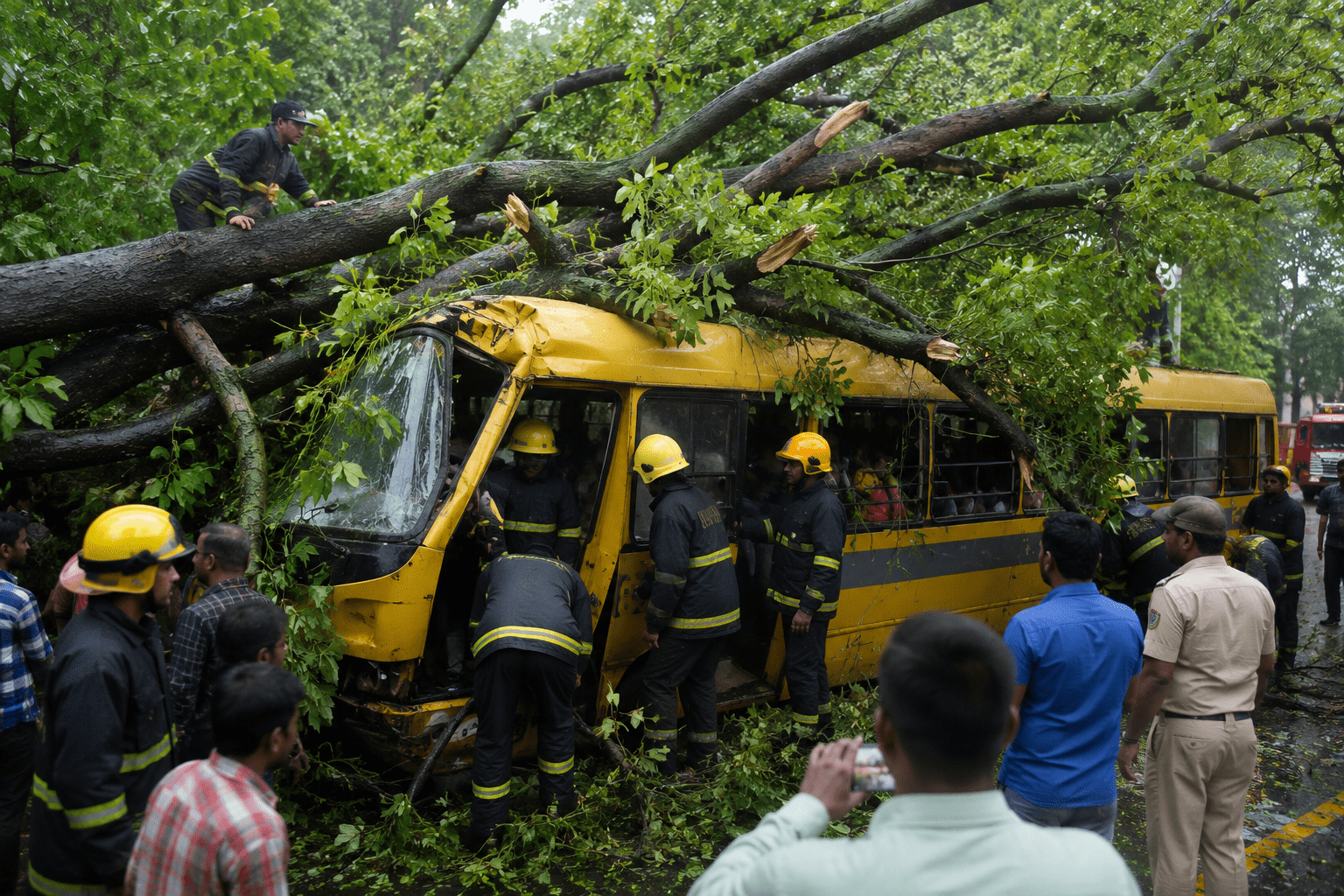 Tragedy in Chembur: Large Tree Collapses on School Bus; 10 Students Injured, Rescue Operations Underway.