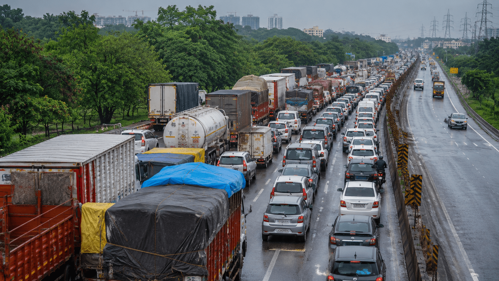 Massive 10-KM Traffic Jam on Mumbai-Bangalore Highway After Heavy Vehicle Breaks Down Near Bavdhan!