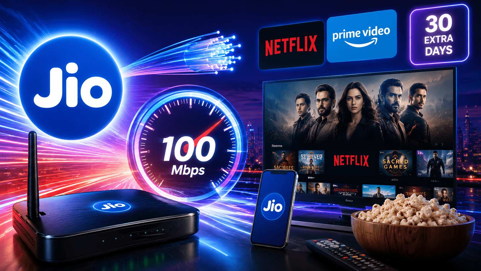 Get 100 Mbps Speed, Free Netflix, Amazon Prime, and 30 Days Extra Validity!