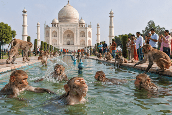 Taj Mahal Pool Party: Monkeys Turn Historic Water Tank into Swimming Pool to Beat the Heatwave; Viral Video Sparks Security Concerns