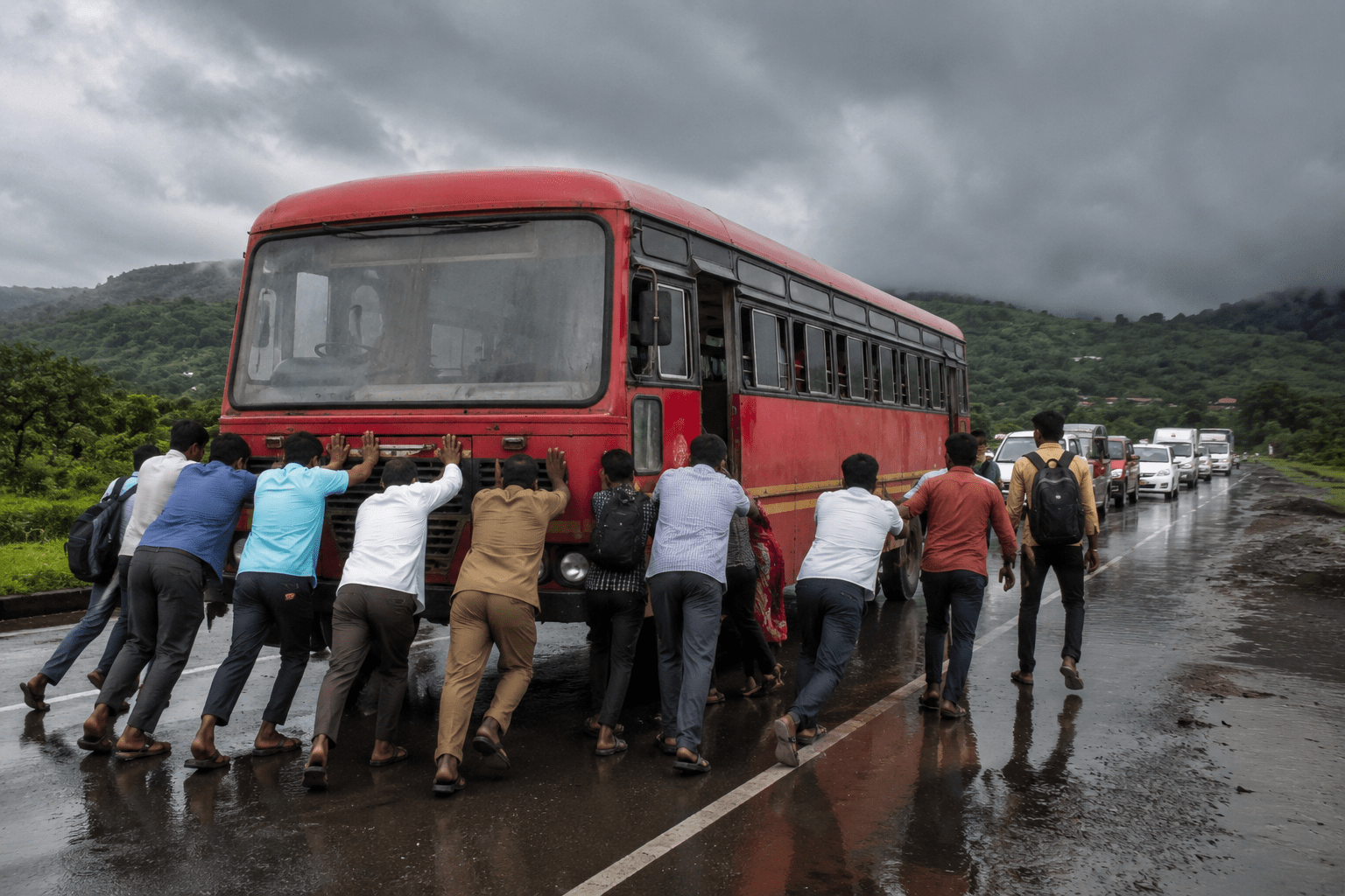 De Dhakka!" Breakdown Nightmare: MSRTC Red Bus Fails 5-6 Times in 45-KM Journey, Forcing Frustrated Passengers to Push Vehicle on Ashtavinayak Highway