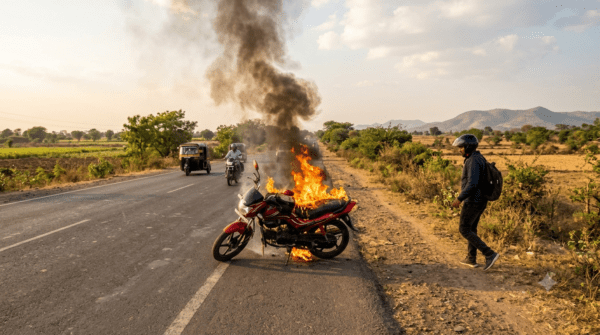 Narrow Escape on Nagpur-Umred Road: Moving Motorcycle Erupts in Flames Near Pachgaon