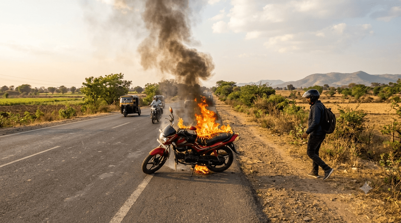 Narrow Escape on Nagpur-Umred Road: Moving Motorcycle Erupts in Flames Near Pachgaon