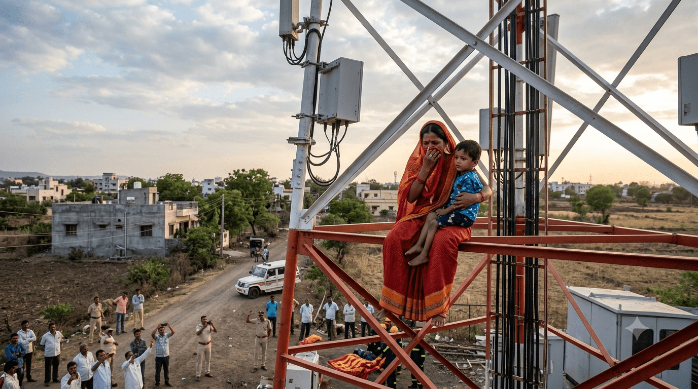 Shocking Injustice: Mother Climbs Mobile Tower with Young Son After Husband Remarries and Abandons Them.