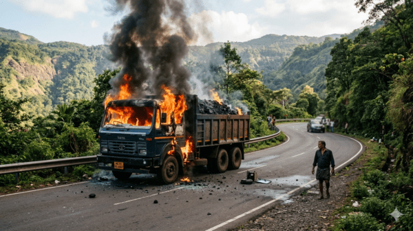 Narrow Escape in Amba Ghat: Coal-Laden Truck Engulfed in Fire, Driver Saves Life by Jumping Out Just in Time.