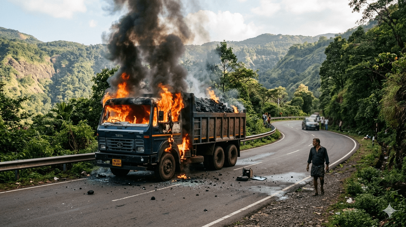 Narrow Escape in Amba Ghat: Coal-Laden Truck Engulfed in Fire, Driver Saves Life by Jumping Out Just in Time.