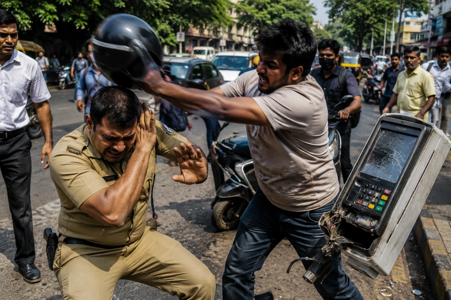 Biker Attacks Traffic Cop with Helmet and Vandalizes E-Challan Machine in Katraj!