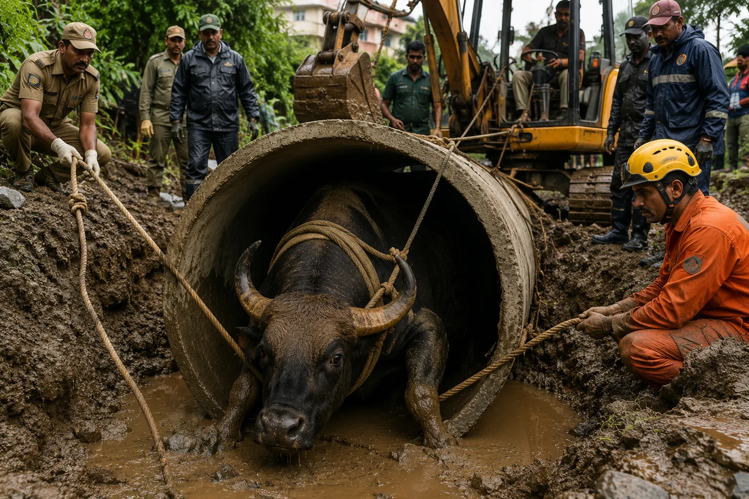 Wild Gaur Trapped Near Sinhagad Road
