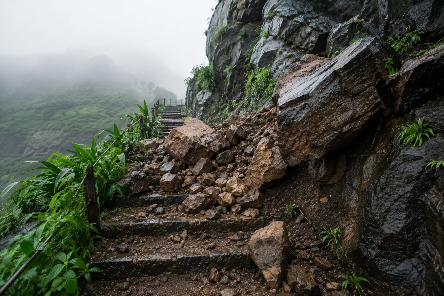 Rocks Fall on Staircase Path Due to Heavy Rain