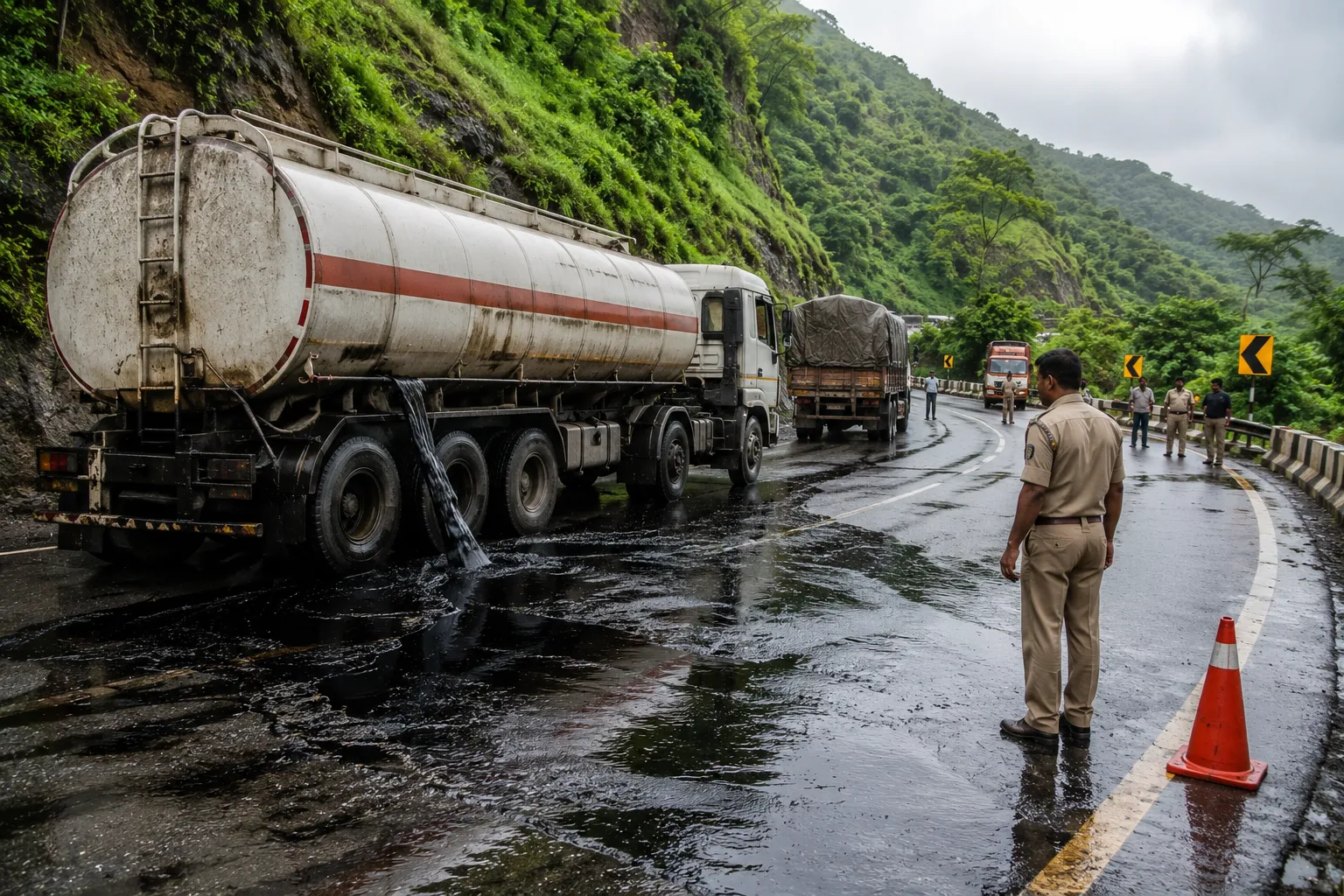 Traffic Chaos at Khambatki Ghat: Oil Tanker Leakage Disrupts Pune-Bengaluru Highway; Alert Sounded"
