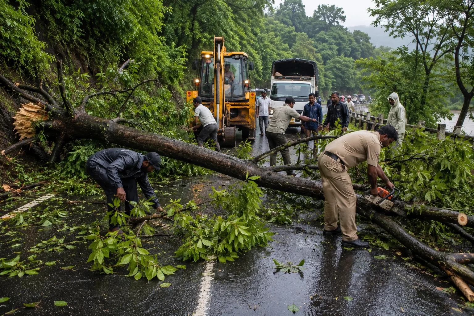 "Mulshi Road Block: Massive Tree Falls on Main Paud-Kolwan Road in Savargaon; Quick Administrative Action Restores Traffic Within 30 Minutes, Major Mishap Averted"