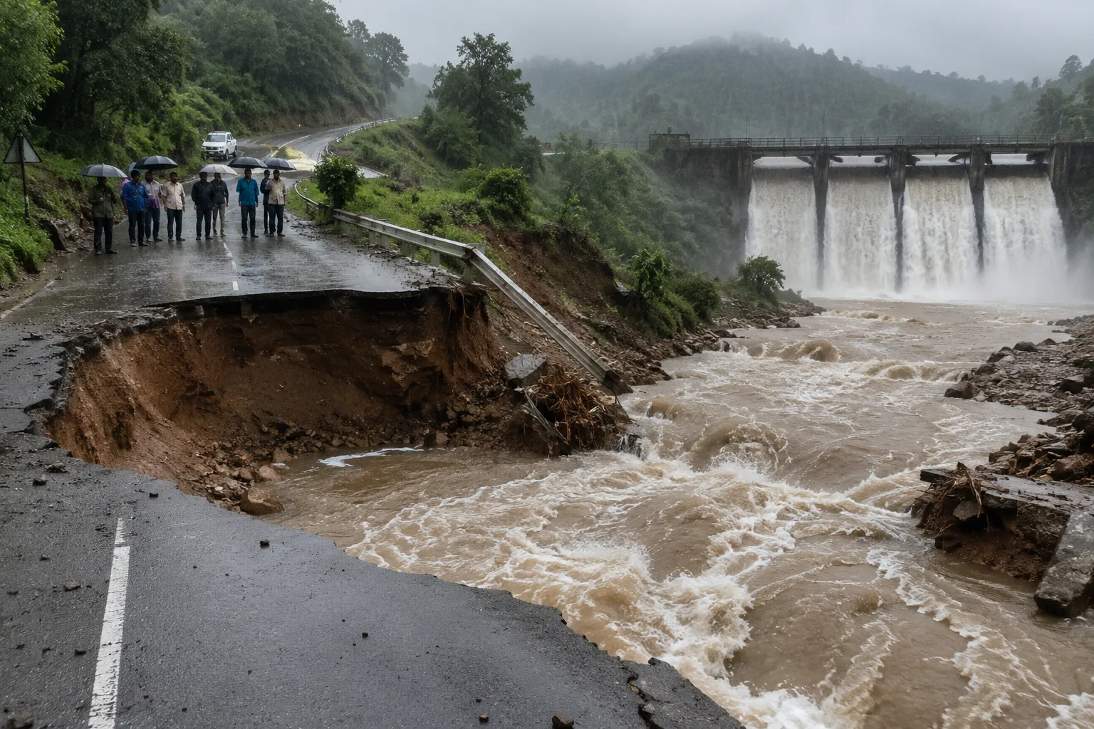 Pokharkarwadi Road Washed Away in Heavy Rains: Ambegaon Tribal Region Cut Off, Dimbhe Dam Water Release Puts Ghod River Banks on High Alert