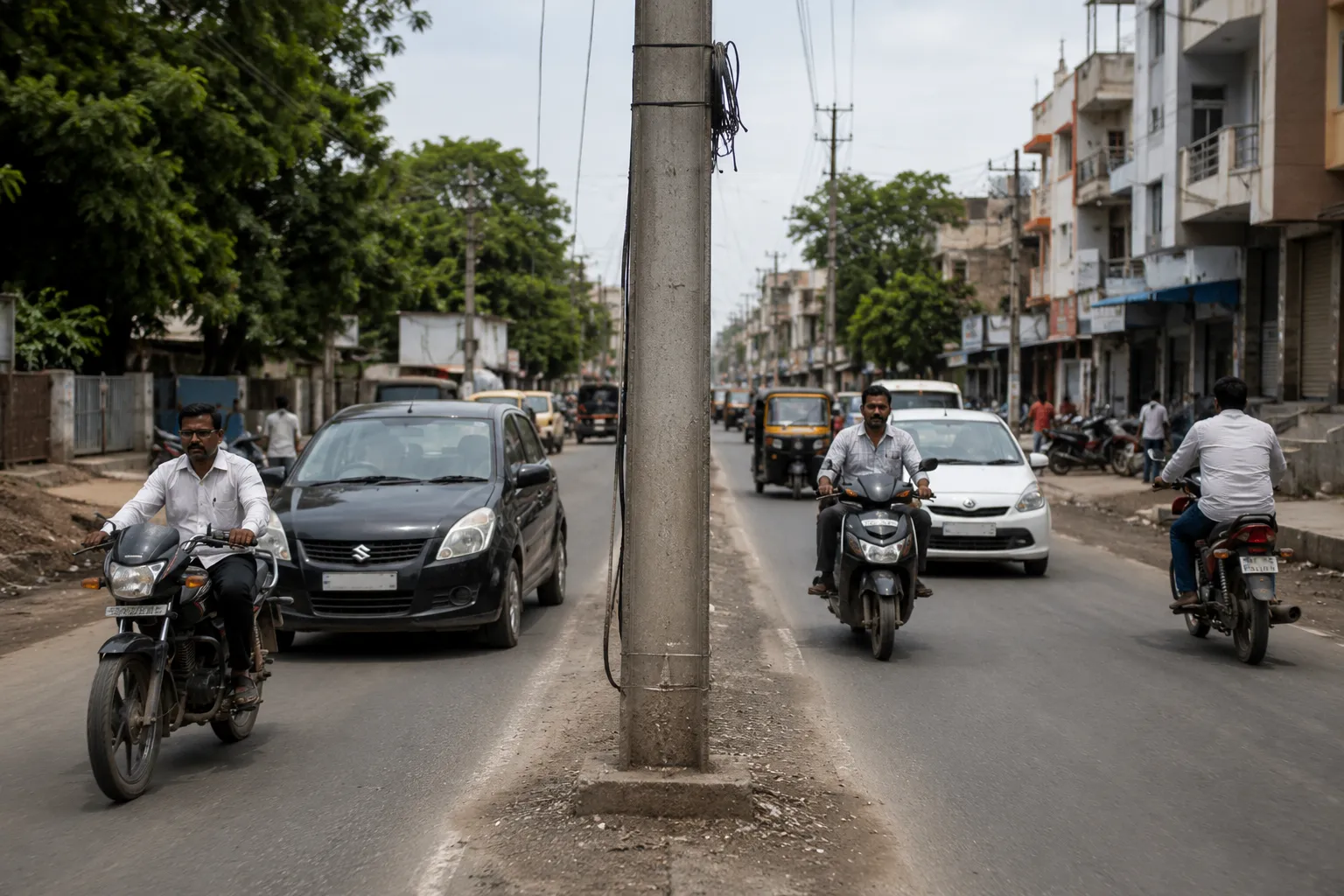 Road Safety Hazard in Jhunjhunu: Electric Poles Left in Middle of New Road; Contractor Accused of Cost-Cutting, Former Councillor Refuses Responsibility