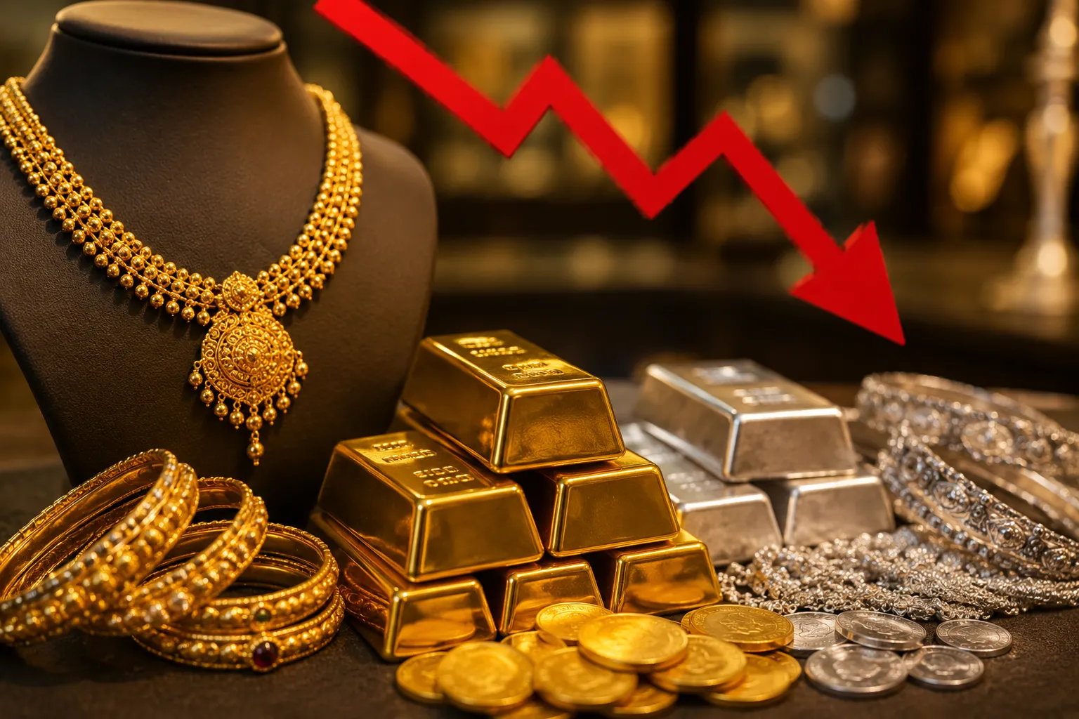 Down ₹34,000 from Record High; Silver Prices Also Decline
