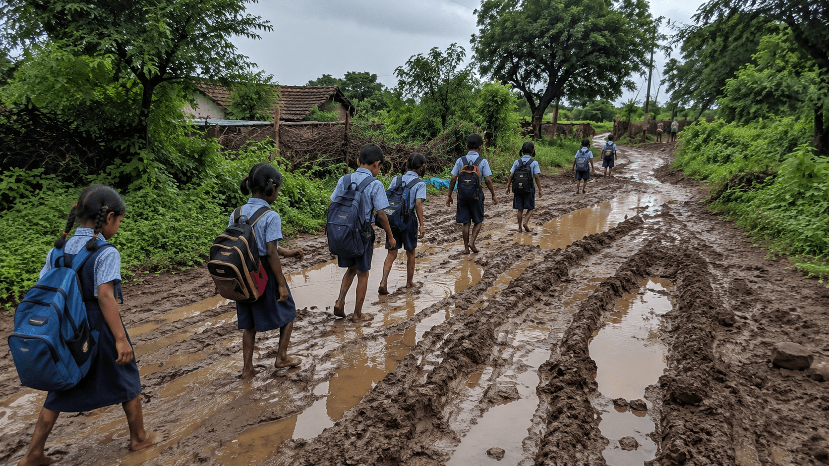 Hingoli Development Failure: Students Forced to Wade Through Knee-Deep Mud to Reach Malselu ZP School; Furious Parents Demand Urgent Road Repair!