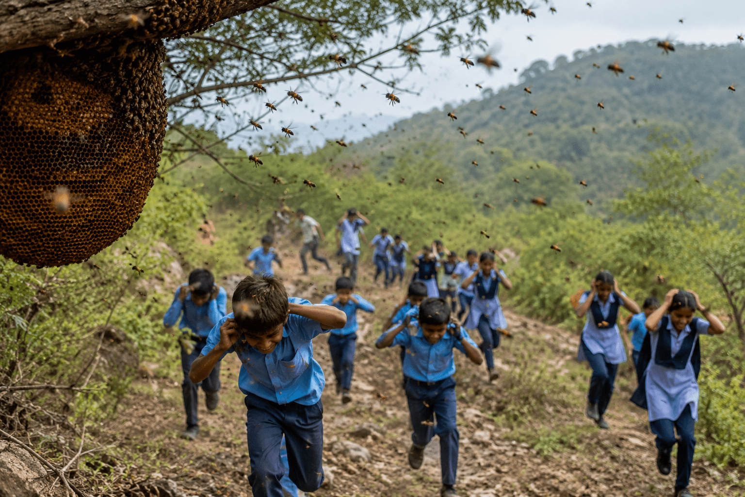 Satara Tree Plantation Terror: Furious Honeybees Attack Students on Agashiv Hills; 50 Schoolchildren Injured in Karad Incident!